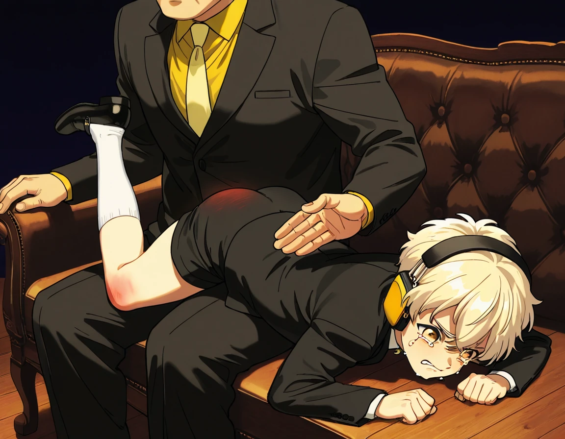 score_9, score_8_wonderful, score_7_wonderful, sauce_anime,Male Focus,1 male,No pants,Auction,On all fours,Place your hands on the floor,penis,Leash color,View your viewers,Squat,humiliation,Obedience,Blue tie,Long sleeve white shirt,rape