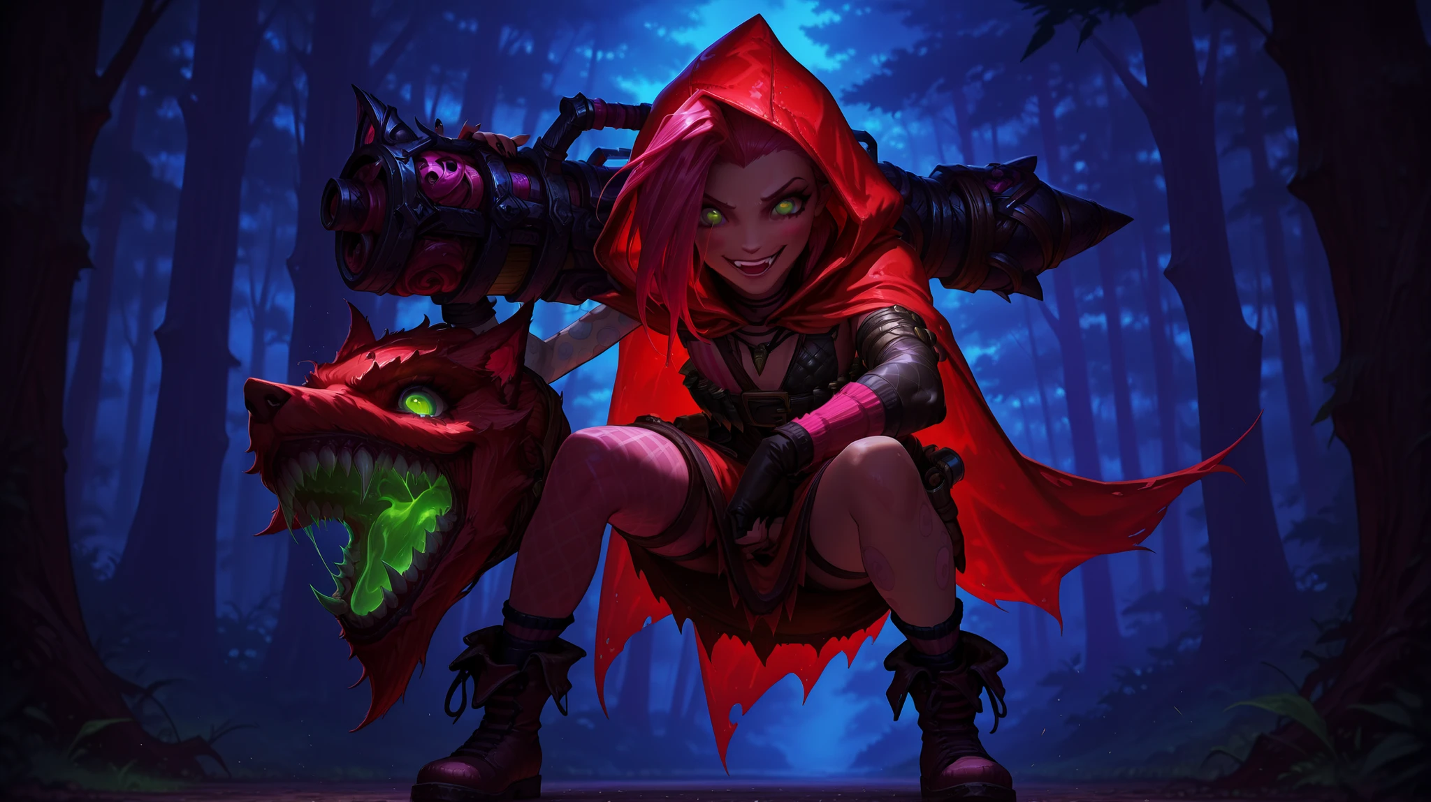 Little Red Riding Hood, Jinx from League of legends, anime style artdetailed portrait of Little Red Riding Hood, young girl with long red hair and green eyes, wearing red hooded cape, standing in forest clearing with Jinx from League of Legends, female character with pink hair and mischievous expression, cartoon anime style, vibrant colors, detailed facial features, HDR, 8K, high resolution, masterpiece, ultra-detailed, realistic, vivid colors, studio lighting, sharp focus, physically-based rendering, full body potrait, Big Apple Gun,