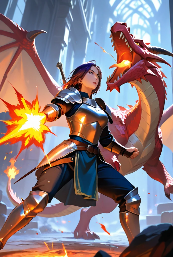 ((Best Quality)), ((Masterpiece)), ((Realistic)), ((Valkyrie)), Standing boldly before a roaring dragon's head, amidst a smoke-shrouded courtyard of a medieval fortress, due to the dragon's destructive flames shortly before the collapse stands. Debris and ash dance in the air as stray rays of moonlight find their way through the smoke into the courtyard, casting dramatic shadows. The Valkyrie, impressive in her detailed armour, her stance resolute, holds her sharp-forged spear ready to confront the dragon. Her helm reflects the flickering fire erupting from the dragon's head. Every piece of their armor and every element of their appearance speaks of their bravery and willingness to fight. The scorpion fish is a masterpiece in its own right, with bright, fierce eyes and sharp teeth protruding from its wide-open maw. Smoke and sparks rise from its nostrils, creating an ominous aura. Its mighty scales gleam in the dim moonlight, every detail testifying to its fearsome presence. The entire scene is lit by the flickering flames that eat away at the stonework of the once-proud fortress. One can clearly see the rough masonry, the cracks in the stones and the dust rising from the collapsing walls. Eye to eye, quaint, masterpiece