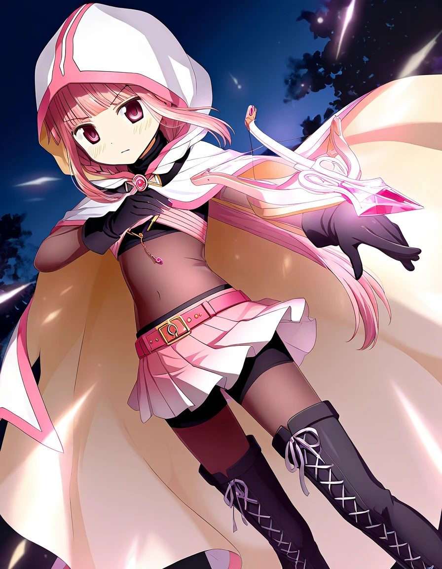 best quality, masterpiece, highres, solo, {tamaki_iroha_puellamagimadokamagicasidestorymagiarecord:1.15}, pink_hair, pink_eyes, bangs, blunt_bangs, braid, sidelocks, blush, bow, long_hair, 1girl, cloak, hood, hood_up, hooded_cloak, magical_girl, anime_coloring, open_mouth, parody, NSFW, (upskirt, yellow underwear:1.2)