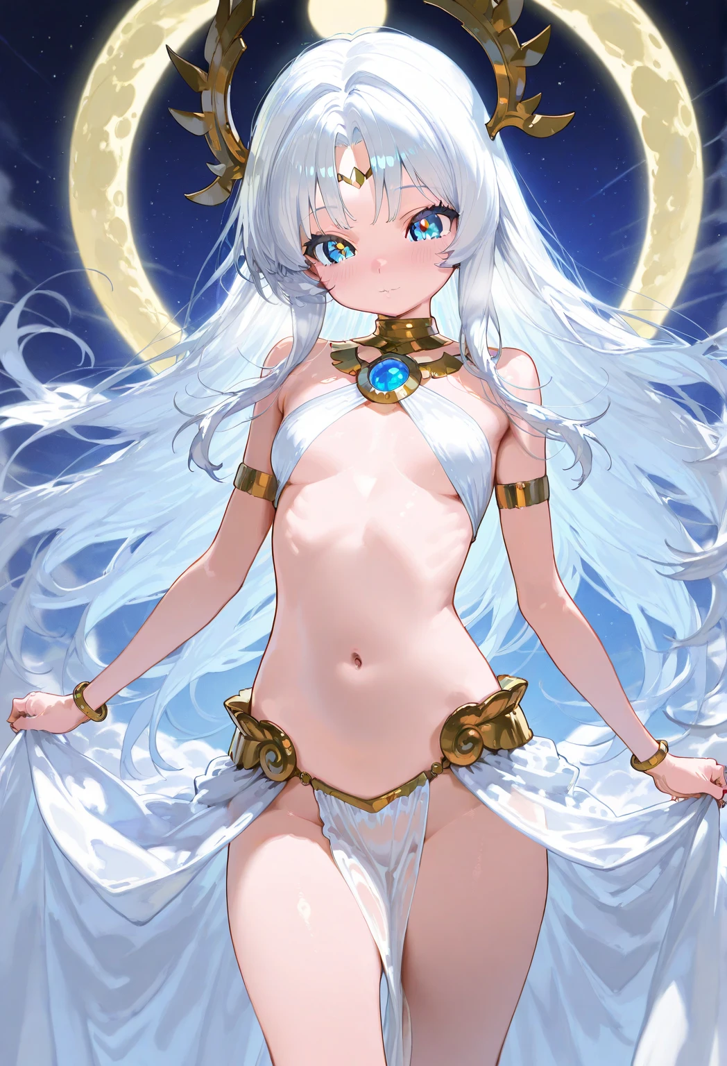 NSFW,masterpiece,Highest quality,High resolution,Very detailed,Girl,Silver Hair,long hair,Golden Eyes,Small breasts,Short height,goddess,God,A dazzling silk dress,hair ornaments,Earrings,乳首Earrings,gem,Decoration,Temple of the Night,altar,Your sleeping quarters,Starry Sky,Ancient,Seduce,Sexy pose,Lustful face,Embarrassed,blush,Drooling,Erect nipples,(Slave Whore),A flattering face