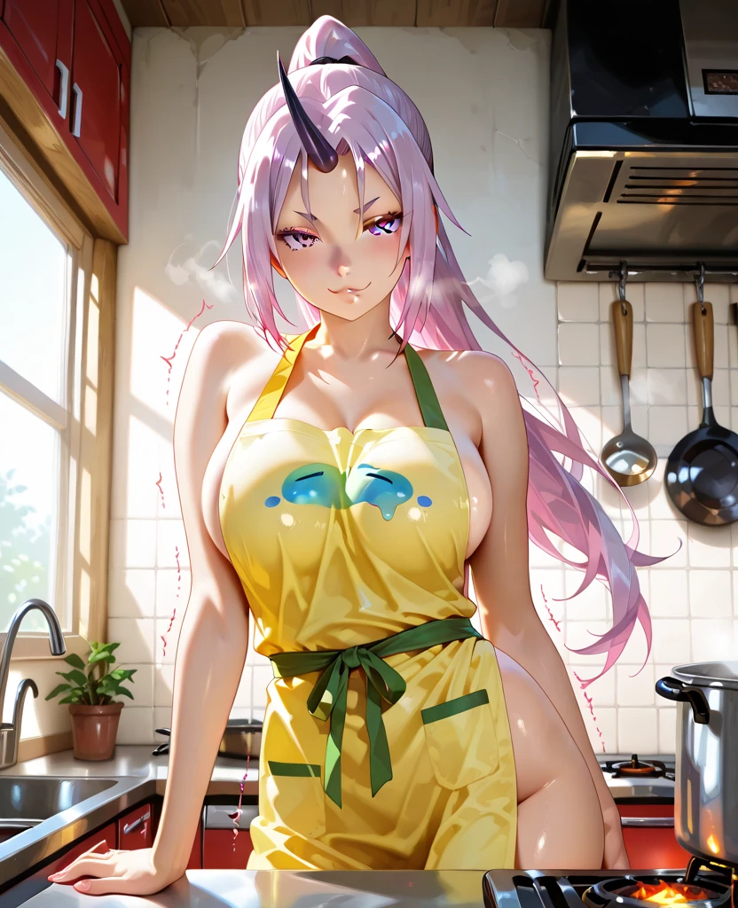 (masterpiece, highres, best quality:1.3), 8K, highly detailed, intricate, colorful, vibrant image, sharp focus, digital blending, 4K, trending on pixiv Ingrid, ((chef outfit, full clothes)), solo, mature female, 40yo, milf, curvy, (dark skinned female:1.15), dark skin, posing, kitchen, cooking, (caring look:1.2), looking at viewer, cowboy shot, pink hair, very long hair, forehead, hair intakes, purple lipstick, makeup, mole under mouth, yellow eyes, perfect eyes, perfect face, ultra detailed hair, ultra detailed face, earrings, ultra detailed lips, large breasts, ultra detailed lipstick, formal chef, vegetables, fruits,