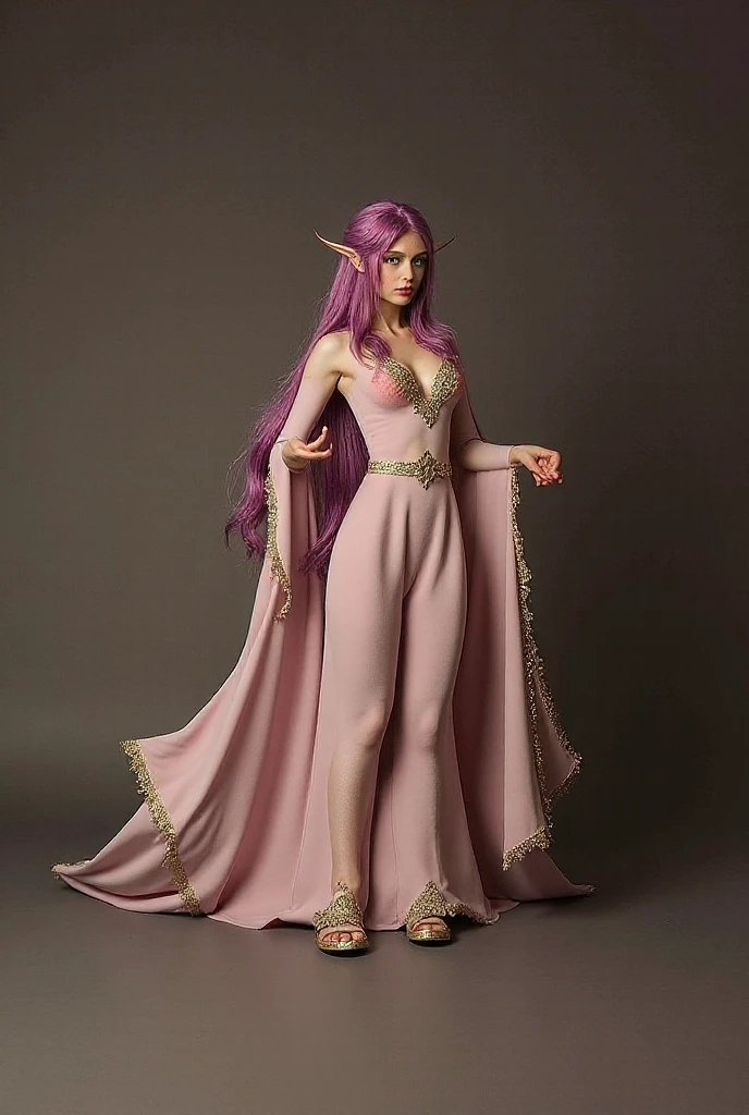 (artwork, Highest quality)), detailed face, character design sheet, lesbian full body, full details, front body view, back body view, Woman, long curly hair, pink hair, blue eyes, elf , Images, character