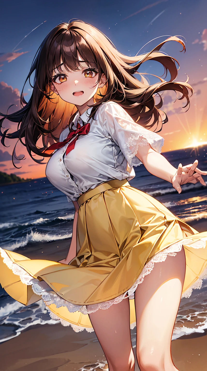 ultra high resolution, highest quality, photograph,one girl、 4k, (realistic:1.4), ponytail、Girl with side ponytail on the right side of the head, Honoka Kosaka、blue eyes、16 years old、date、blue sky、(People and landscape ratio 3:1)、big breasts、kiss、express love、love、maternal、hug、3 seconds before hugging、sad expression、salvation、goddess、smile、Fly、jump、jump、white feather、goddess、