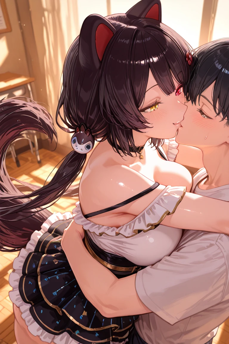 1boy,1girl,girl licking penis on mouth,black hair,woman focus,tongue out,sweaty,from side,blushed,suffering,humid,naughty bunny costume,at nightclub,excessive cum,detailed skin,armpit hair,short hair,tanned skin girl,face focus