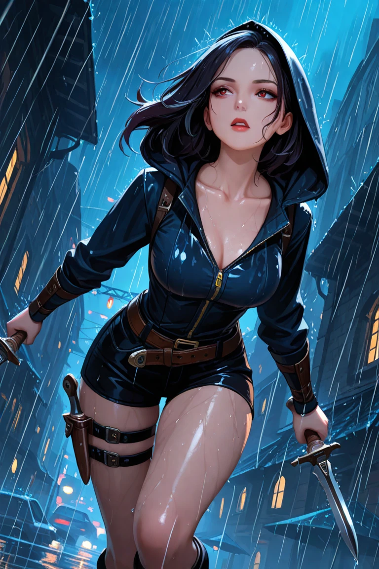 (Beautiful sneaky rogue), (large boobs), (revealing leather thief outfit with hood), (seductive look to camera), high quality, super resolution, beautiful detailed face, torchlights, bokeh, sneaking, very low angle, seductive pose, (holding dagger in her hand), mischiebous smile, (boobs spilling out), (low camera angle), (bending foward to camera), (in medivel city).