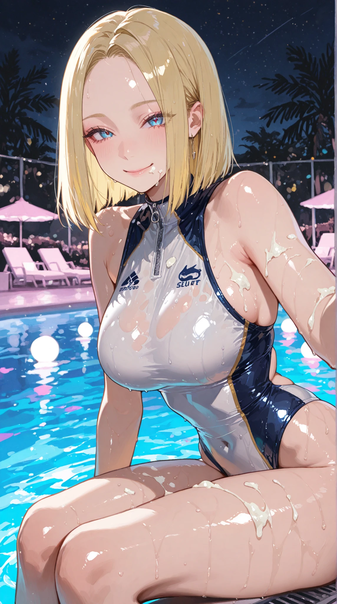 1girl, blonde hair, one-piece swimsuit, one-piece swimsuit, very short hair, short hair, pixie cut, blue eyes, happy, light smile, black one-piece swimsuit, pool, poolside, breasts, large breasts, thick thighs, mature female, hourglass figure, toned, toned female