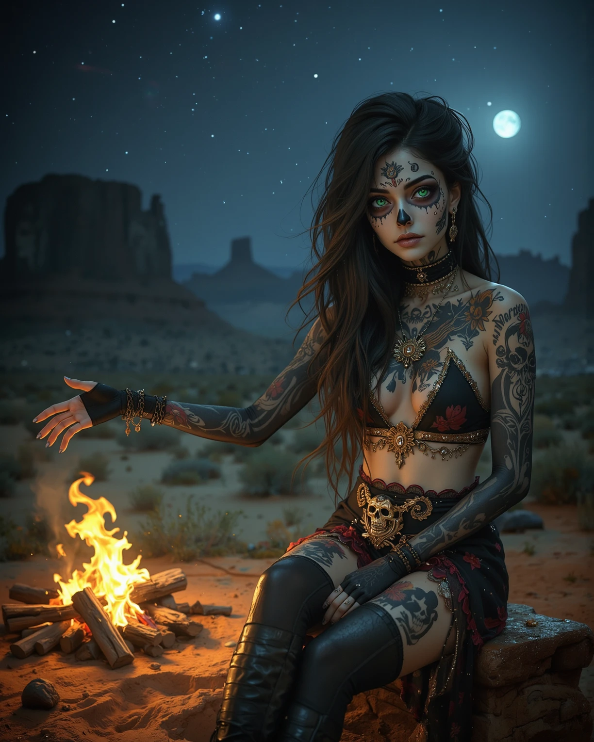 hermosa mujer hechizera wicca con tatuajes y percings usando una mascara haciendo un hechizo en la playa junto a un lobo foto realista ultradetallada --auto