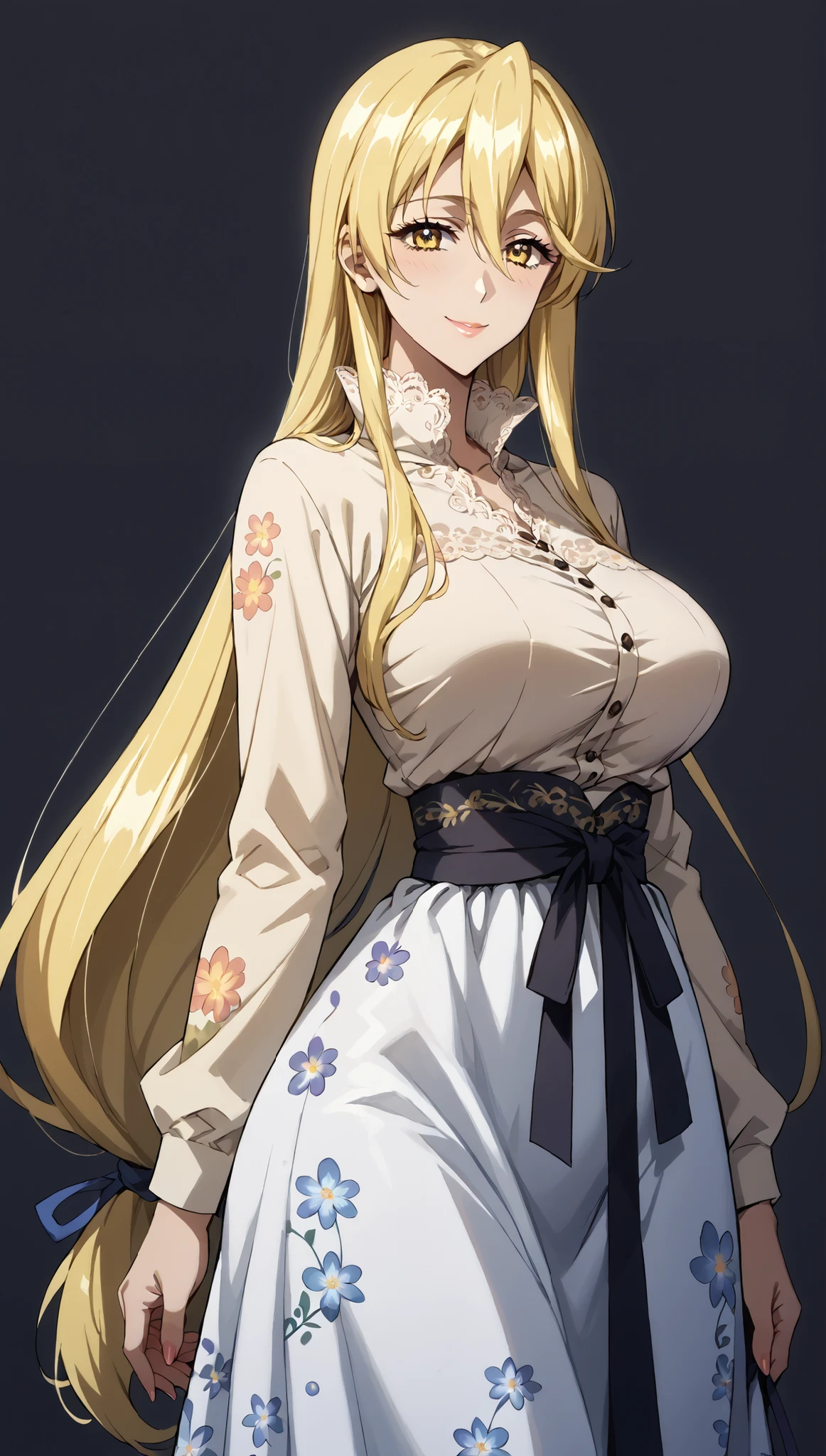 score_9, score_8_up, score_7_up, source_anime, 4K,perfect fingers,(perfect hands, perfect anatomy),prefect lighting, very aesthetic, intricate details,highly detailed background, masterpiece, high quality, best quality,
shizuka marikawa, long hair, blonde hair, very long hair, low-tied long hair, yellow eyes, hair between eyes, smile, large breasts, mature female,
wearing ((One-piece summer tunic lace one-piece summer clothes high waist slimming one-piece summer lace dress V-neck floral pattern elastic waist cinched design, )),,
((Dark plain background:1.5)) ,