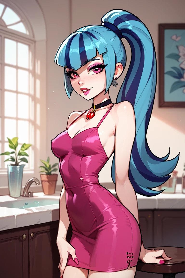 (Masterpiece), Best Quality, ultra-detailed, 1girl (jessie pokemon, Big and pretty breasts, purple hair, hair bun,blue eyes, half-closed eyes),a shallow face, wicked smile, parted lips, facing viewer, looking at viewer, nose blush, blush, head tilt, mascara, full makeup, glow lipstick, solo,opera dress, ornate dress, bows, long dress, in the livingroom, dark, dark light, standing, Sexy waist teasing, ,