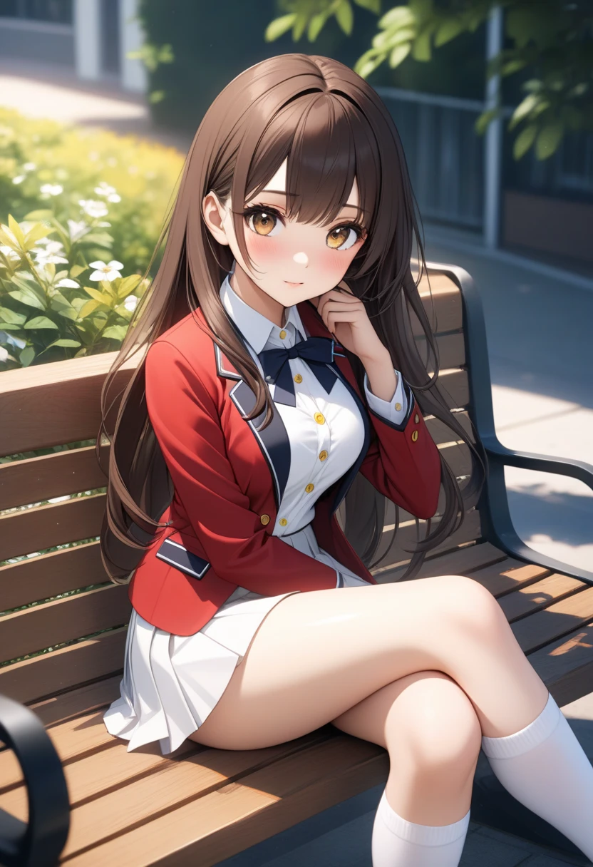 nsfw,suzune horikita, Red eyes:1.3,Grassland,cowboy shot,(((knees up))),Medium chest,Hair Ribbon,Red blazer,uniform,White panties,
