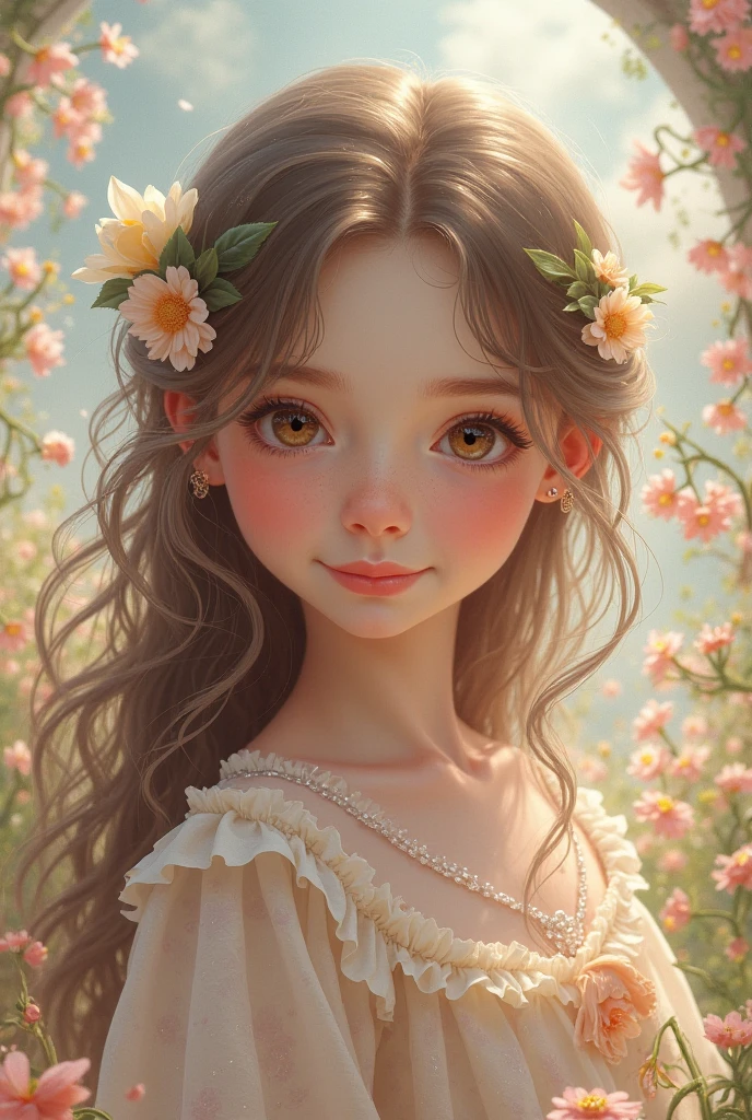 Best quality, High_Resolution, distinct_image, Detailed background ,Girl, random wear,flower, Night sky,Dutch angle, Wide shot,Shy smile, crown,