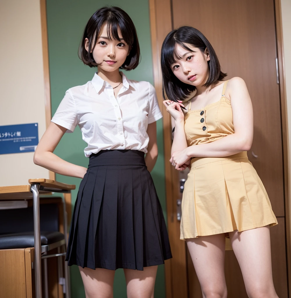 There is a woman standing cross-legged, a miniskirt, Miniskirt, Short miniskirt, legs showing, Legs intertwined, wearing skirt, Short skirt, wearing honey - themed miniskirt, long thin legs, knees tucked in, juicy legs, thigh closeup, Beautiful short skirt, candid shot, Wearing a skirt, 女優、de pele branca、Nogizaka46、Golden Ratio Face, Cute、Colossal tits、undergarment、Inside an abandoned building, Disturbed uniform、Sit up