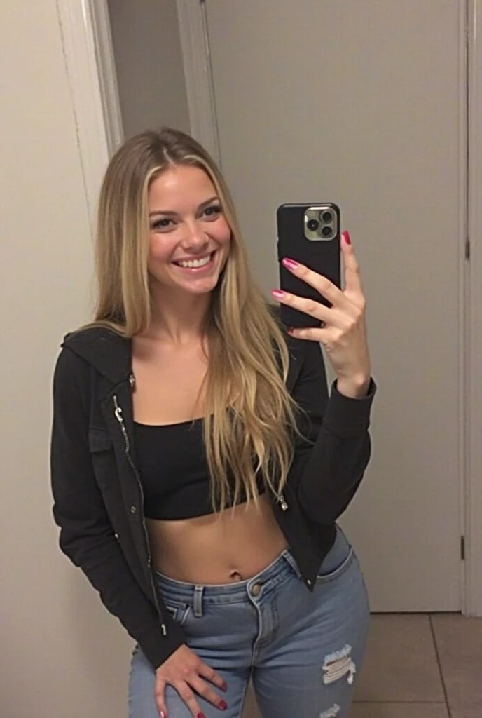 a 20 year old girl with blonde braided hair, in public, selfie, portrait, copy space, visible until hip, fully dressed, left side