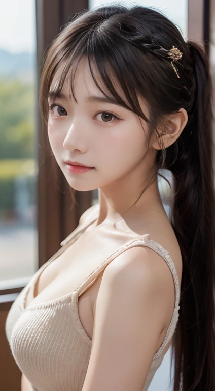(masterpiece:1.3), (8K, Photorealsitic, Raw photography, Top image quality: 1.4), Japan high school girls、(Random hairstyles:1.2)、cleavage of the breast:1.2、Super Detail Face、Eye of Detail、double eyelid、Bring your chest together、sharp focus:1.2、prety woman:1.4、light brown hair、top-quality、masterpiece、超A high resolution、(Photorealsitic:1.4)、Highly detailed and professional lighting smile、Loose and light knitwear、Shoulder out、slender、serious facial expression、short-haired、Fatal position