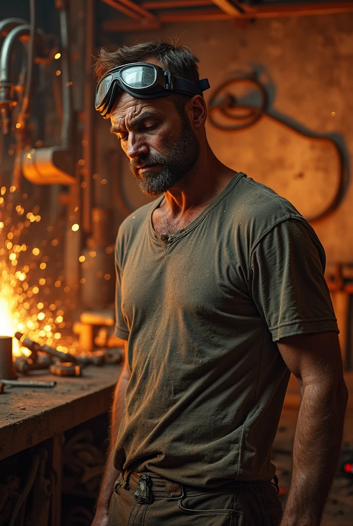 Lead smelter worker working without any PPE, hidden photo shot 