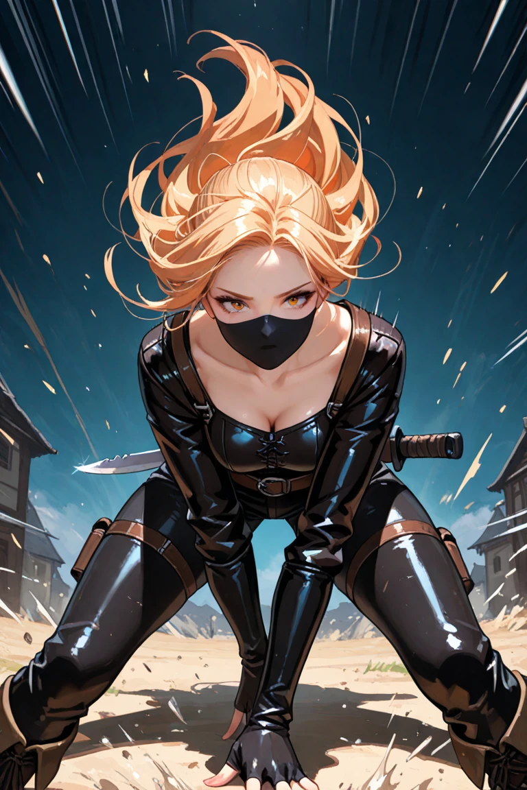 ((blood droplets)), ((blood)), ((blood splatter)), ((blood on clothes)) ((blood stain)), Masterpiece, Superior image quality, high resolution, 4k image,photo and gross, photorealistic, whole body, distant view, 1 young blonde of 15 years, view from behind, perfect ass, {{{vagina}}}, big breasts, beautiful face, Long blonde hair, blue eyes, very detailed eyes, pink cheeks, shy expression, choker:1.6, (white collar button down long sleeve shirt), black gloves, gloves that cover hands, (holding an ax in the right hand), (black leather corset), (shiny black leggings), Sensual Lips, show details in the eyes, View from the front, looking at the viewer, dark forest path, evening, Atmosphere, fog
