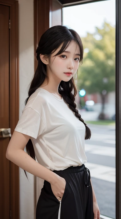 blue eyes,Highest quality,High resolution,unity 8k wallpaper,(shape:0.8),(Beautiful and exquisite:1.6),Detailed face,Perfect lighting,Detailed CG,(Perfect hands, Perfect Anatomy),Female student,White shirt,(White panties:1.0),Black Hair、Twin tails、Cut off,Shirt Tag Pose