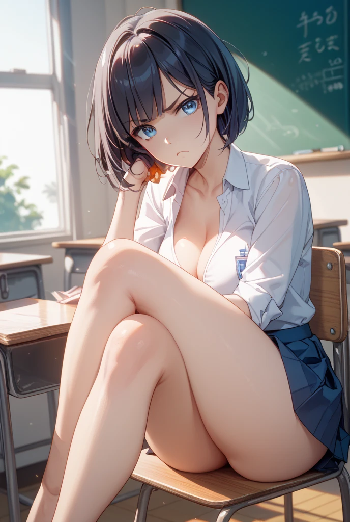 nsfw,alone, (One girl), Elementary school girl,8-year-old, (naked), 全naked、 sexy, (Cowboy Shot), ((arms behind back)), classroom, With a girl:hair is black and short, Her face is round and cute。It's below the knee,The girl had a surprised look on her face, Joy and emotion.、With eyes wide open, Open your mouth, Tears were reddening her cheeks, The cheeks and hands are drawn large., Black Hair,Low twin tails , (Are standing),(Shy, Embarrassing),((pussy,Female organ,Pussy)),from below,((sweat,Wet,sweaty)),