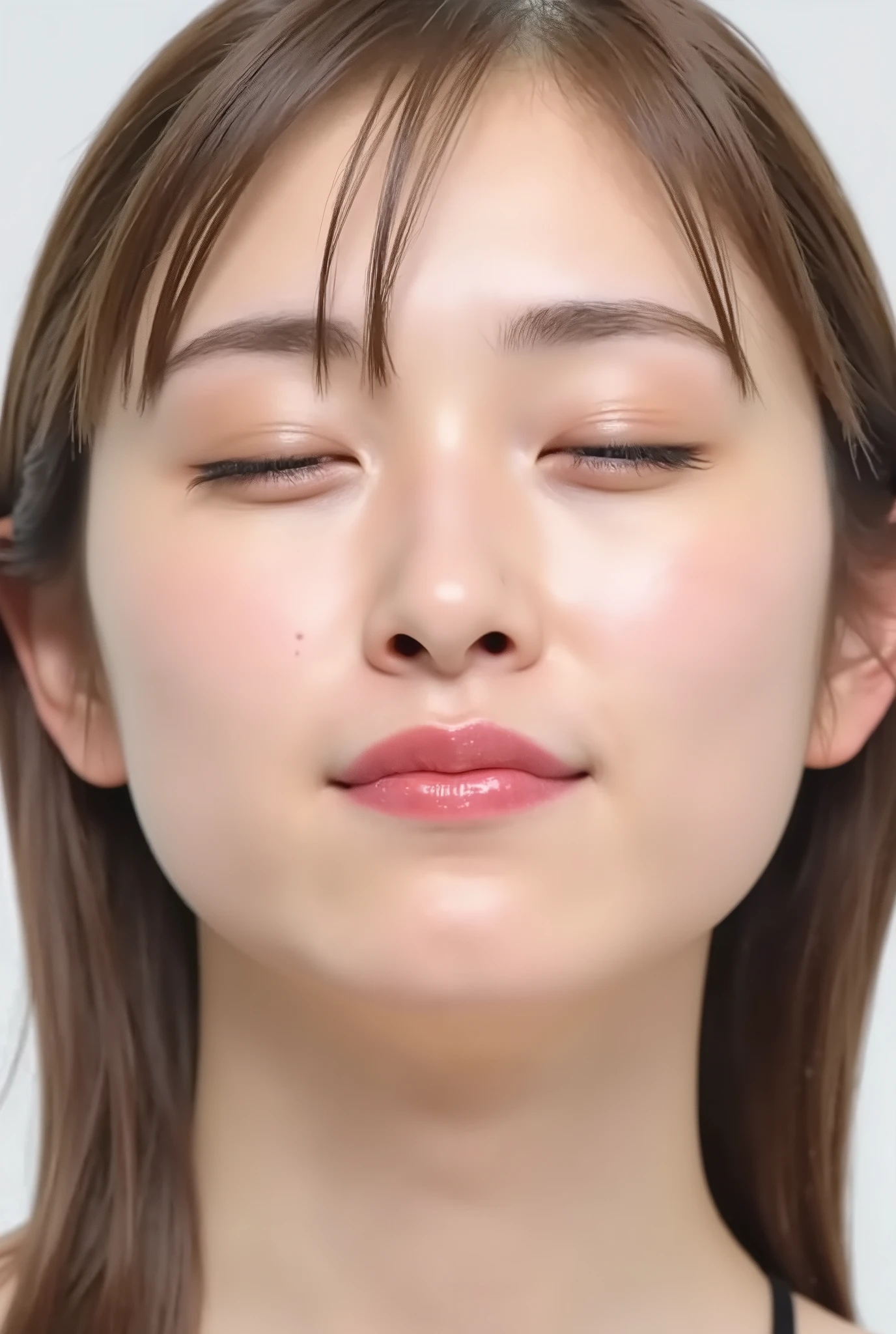 ultra-detailed close-up of a beautiful girl, collarbone-up composition, white studio background, soft natural lighting, slightly elevated camera angle (around 35 degrees), full face and head visible in frame, chin slightly raised, eyes gently closed, deeply affectionate smile, cheeks and ears flushed, dreamy, blissful, euphoric expression, mouth puckered and protruding with a rounded kiss shape, glossy moist lips with shimmering highlights, soft lips reflecting light, extreme focus on lips, inviting kiss pose, longing expression, desperate affection, dere-dere mood, hands behind her back and not visible, natural skin texture with visible peach fuzz, matte facial skin, black camisole strap visible, soft head tilt, bokeh background and soft facial contour blur to emphasize lips, overflowing with affection and dazed joy