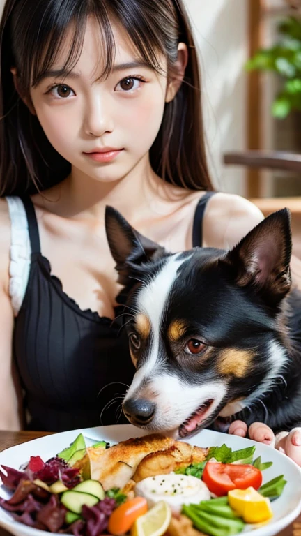 Masterpiece,8k,From above,A girl, sitting,dog Collar around neck in hand of viewer,dog pose, ((seducing expression:1.2)), looking at viewer,dog outfit, masterpiece, best quality, Highres, highly detailed, natural lighting, overcast, desaturated, Photoshop,35mm,1/90,iso 180