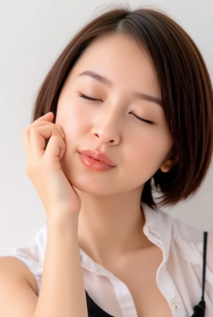 masterpiece, Best image quality, high quality,(Super detailed), (wallpaper), (Details face),Close your eyes and look upwards、tilt your head back、Half-open mouth、Upper Body、Hands and arms、indoor、Short Hair、Brown Hair、flat chest、 neat woman, natural beauty、 light makeup 、Sexy Woman, pain, Soft lips, Broke up, blush heavily, smile, White T-shirt, Small breasts, Perfect body