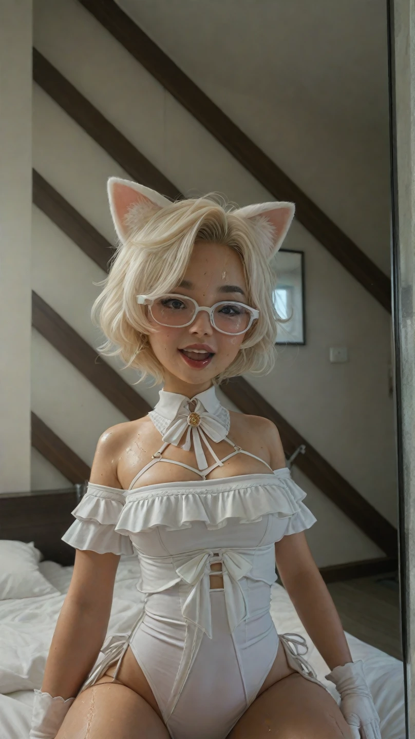 hyper-realistic), (illustration), (high resolution), (32K), (extremely detailed), (best illustration), (beautiful detailed eyes), (best quality), (ultra-detailed), (masterpiece), ( wallpaper), (detailed and delicate face), solo, pee yourself, pee on legs, surrounded by other people, highly detailed facial and skin textures, detailed eyes, double eyelids, twisted braid with ball head with hairpins, large-rimmed glasses, wearing pink tulip fairy sweet pure lust lace print embroidered hanfu, Wearing cat ears, kneeling on both knees, nervously bowing her head, shy, embarrassed provoked and shocked, standing with her legs open, on the dry toilet floor, a small pool of her own urine is forming around her feet, very desperate to urinate, pee, wet yourself, urination, tears, fear, despair, panic, high detail, ballet dancing with a big belly in pregnant October, feet in ballet shoes, (dynamic pose), 1 girl, white wavy hair on the toilet bowl, Japanese, heterochromia, small moles under the eyes, (( Apron)), big breasts, long legs, tight abs, wearing large-rimmed glasses, (camel toe), (fishnet socks), (no panties), (no bra)