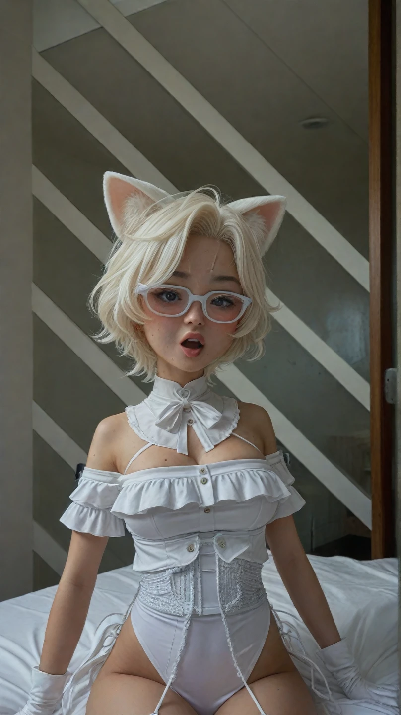 1 girl,white short hair,white cat eyes and ear and tail, glasses one head, stringless bra,big breast,g string, over sweating body, Messy hair, tight legs, long legs, seductif pose, milf body, age 20