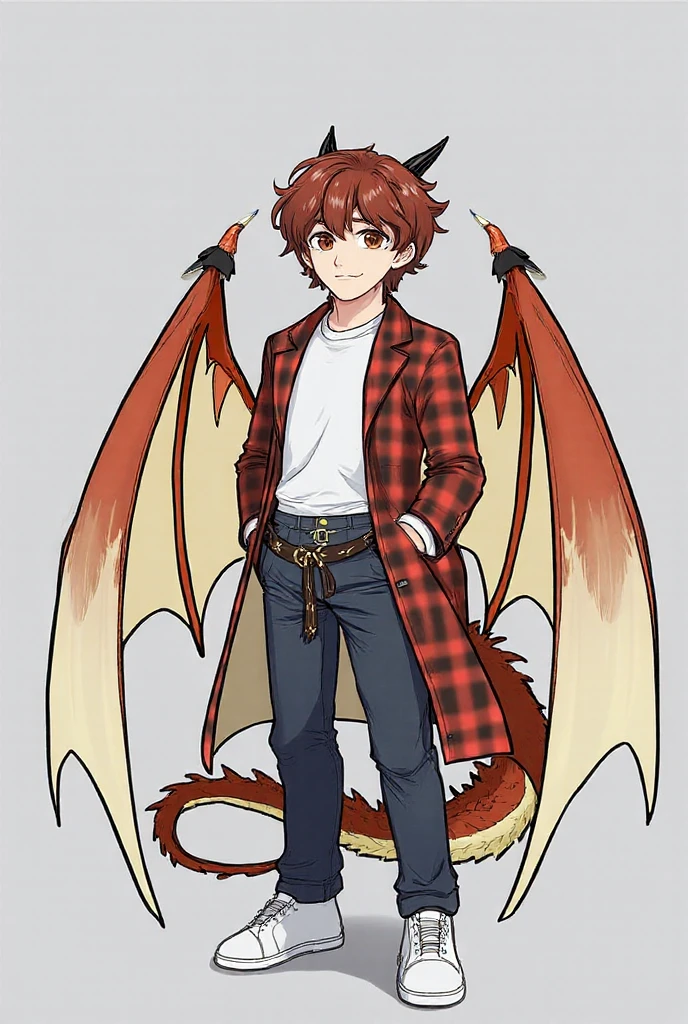 Nousla is a dragon and Eliripsa Hybrid. He has tall wavy upward's horns Like Echo. Big black feathery wings that are gradient grey at the tips. He's in his late teens to his early 20's. He has cream short messy hair. Tan skin, with black markings on his face and elbows. He has a swirl tattoo on his right hand. Orange piercing eyes. His attire consists of a brown cloak with red pockets. Dark colored Dupion Silk Dhoti pants. and a type of sandals that are wooden. He's tall with a lean build. Not shirt.