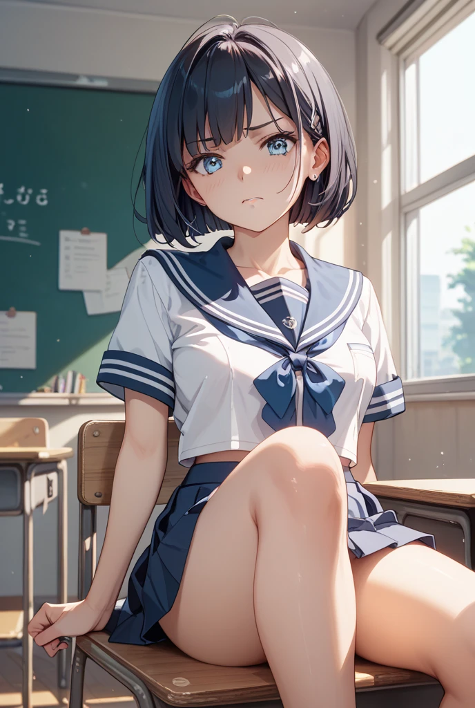 (extremely details CG、Unity、8K Wallpapers)、(extremely delicate and beautiful)、(​masterpiece)、(top-quality:1.0)、(超A high resolution:1.0)、beautiful  lighting、perfect lightning bolt、realistic shadow、[hight resolution]、Detailed skin、ultra-detailliert、detailed faces and eyes、Realistic eyes、Sharp pupils、cowboy  shot, Inside the classroom、Schools、Evening glow、beauitful face、blurry backround、16-year-old beautiful girl、shinny skin、Side Up、Beautiful sky blue hair、Blunt bangs、Blue eyes、a sailor suit、Pleated miniskirt、Curve、Sitting on a desk、(Opening legs、You can see light panties.:1.2)、Smile with open mouth、Looks happy