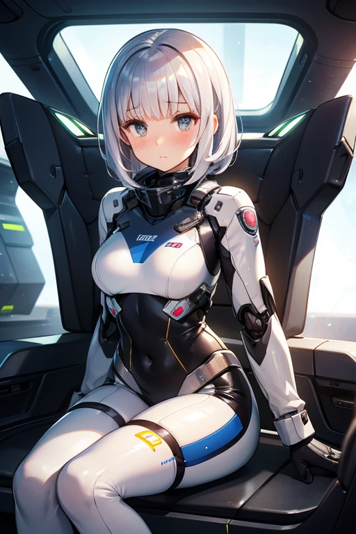 A beautiful woman. Super cute woman. Blonde hair and blue eyes. Her bangs are down. Twenty years old. She is dressed in futuristic clothes based on white. She is in the cockpit of a small spaceship.