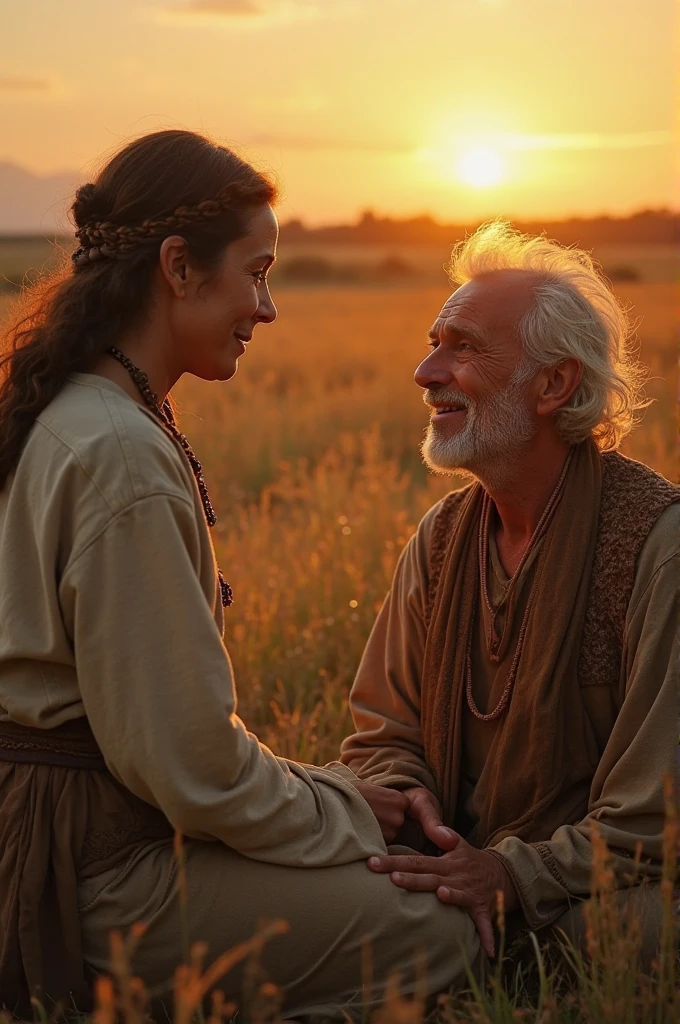 An elderly man with kind eyes and a gentle smile approaches Maya. He is dressed in simple, rustic clothing, and he kneels beside her, offering comforting words as the golden light of the setting sun creates a warm glow around them.