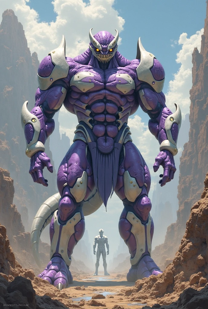 One man, a cartoon alien with an unusually developed muscular body, protruding blood vessels, claws and a red and purple body, hercules beetle, fangs, cel shades, Guyver style,