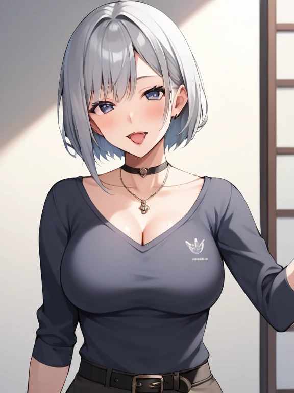A woman wearing a casual beige shirt with kanji writing on the shirt, black jeans, casual sneakers, walking on a London promenade, blurred background, red eyes, smiling, big breasts, short white hair,. drop shadow, anaglyph, stereogram, tachi-e, point of view, atmospheric perspective, 8k, superdetail, accurate, best quality, award-winning, textured skin, high resolution, anatomically correct, bokeh effect, (( solo woman).
