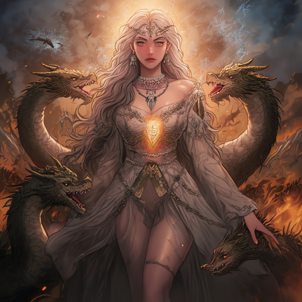 A dragon slayer girl with a crown on her head,Ride a dragon,Wear a diamond necklace pendant,Dark,gold hair,Fabric,fire flames,lightwave,necklace of diamonds,Weapon set with gems,Hair glows red,Wearing robes --auto