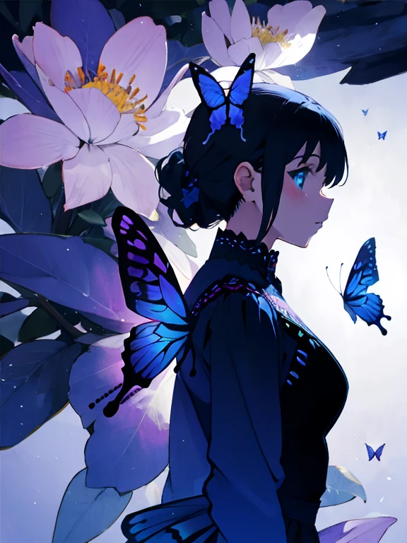 ((Superior quality, portraits, masterpieces, 8K: 1.3 wallpapers)), girl with short wavy brown hair (((SHORT HAIR))), obsidian-like black eyes (((BLACK EYES))), (((ANNOYING, SERIOUS LOOK))) sitting on a branch of a mueto tree, bioluminescent blue butterflies, dark hour, perfect shadows and reflections of the moon on the scene. black dress covered, dark clothes of MOURNING, CLOTHES COVERING THEIR SKIN, TUNIC.