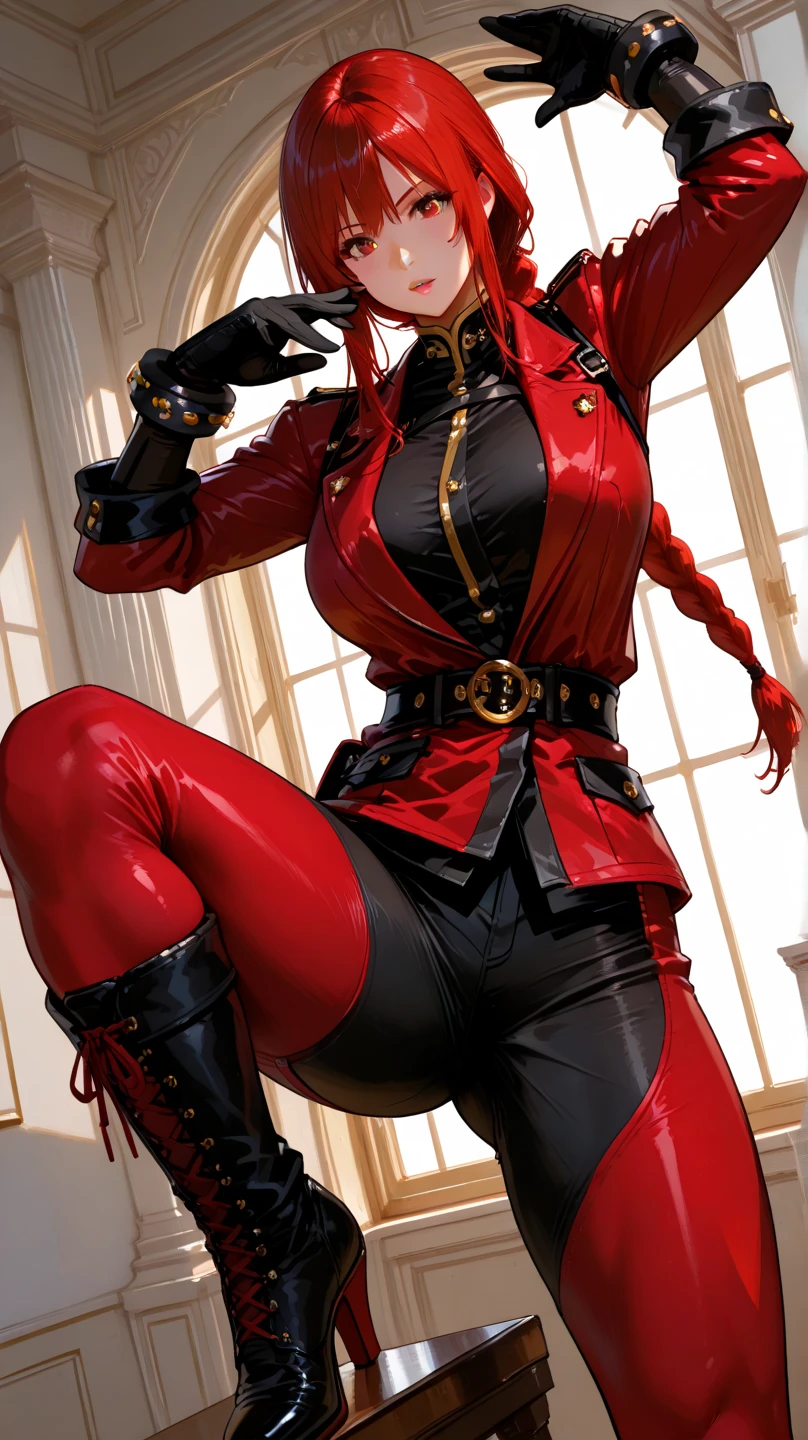 Red hair, pirate girl, thigh high boots, high heels, corset