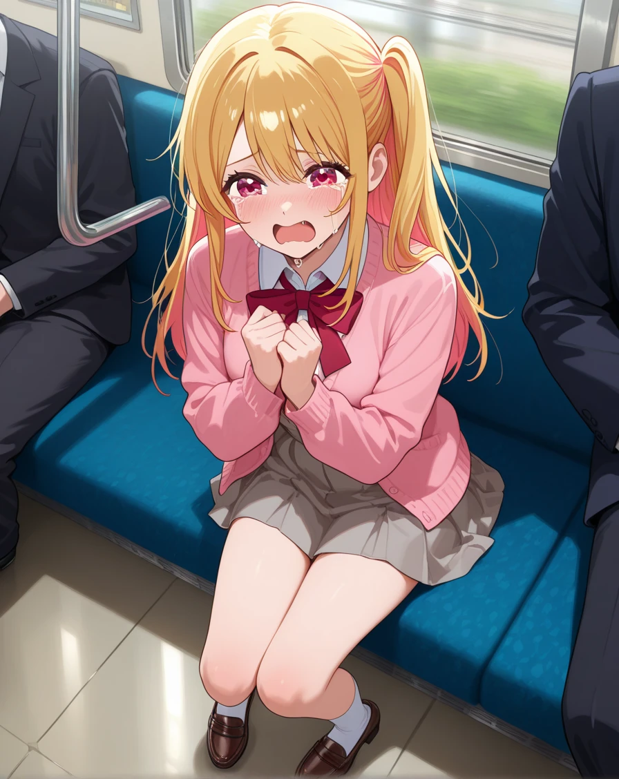 NSFW,1 girl,darkness、(Yellow Hair:1.5)、Long Hair、(Red Eye:1.5)、(hair ornaments:1.2)、Two Side Up、No sleeve、uniform、shirt、白いshirt、ribbon、(緑のribbon:1.5)、skirt、(緑のskirt:1.2)、プリーツskirt、ショートskirt、sweater、(薄茶色のsweaterベスト:1.5)、Short sleeve、(Perfect hands),(Perfect Anatomy),(masterpiece),(highest quality),Embarrassed,blush,Inside the train,(Molester:2.0),1 middle-aged male,Man standing behind