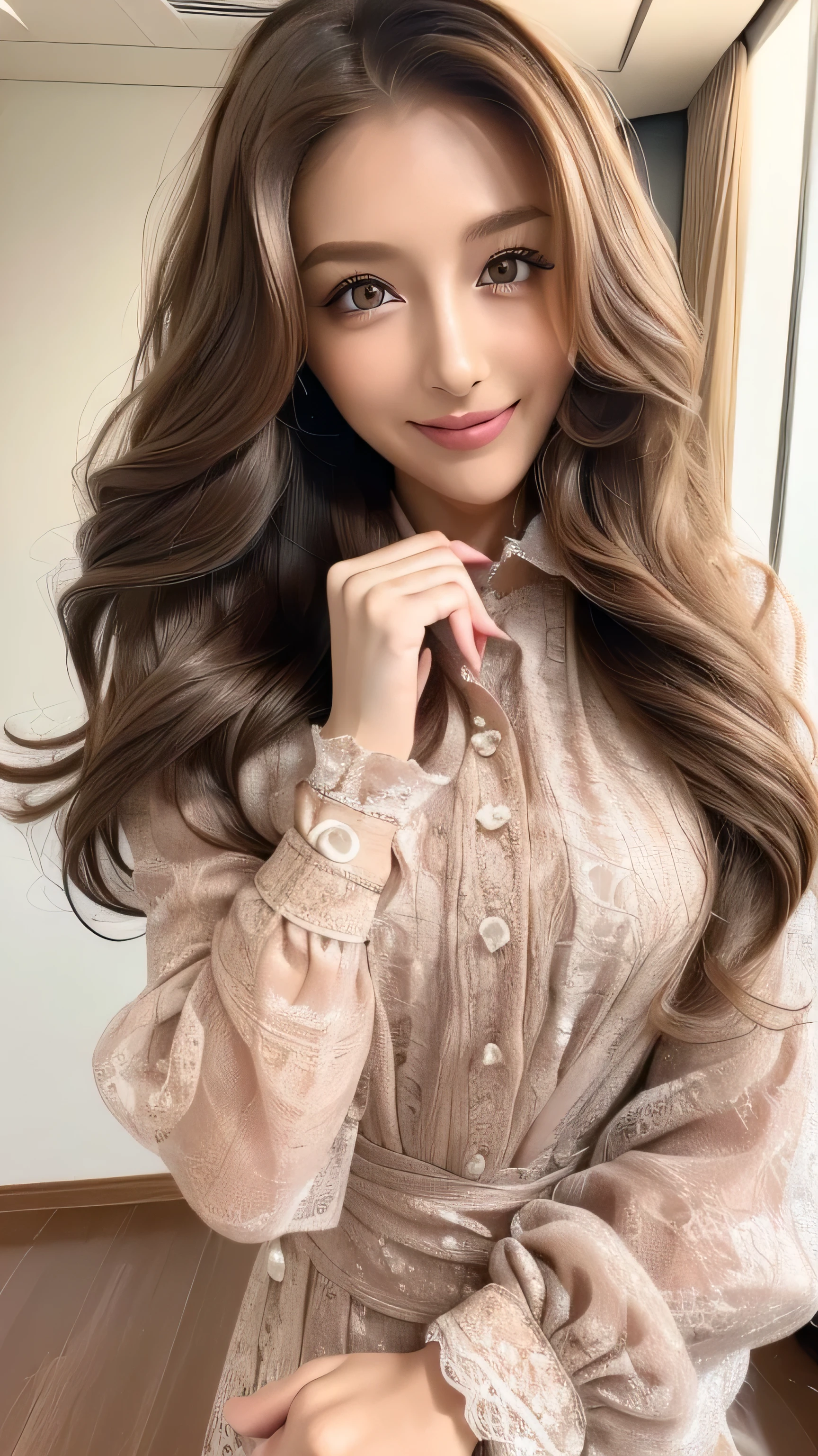 (masterpiece:1.3), high resolution, ultra detailed, extremely detailed CG unity 8k wallpaper, realistic, photo-realistic, RAW photo, beautiful detailed face, pale skin, realistic glistening skin, detailed cloth texture, detailed hair texture, Perfect body, Beautiful Face, accurate, Anatomically correct, Highly detailed face and skin texture, natural neck length, (beautiful hands), (fair skin:1.2), Thin legs, Thin feet, Detailed eyes, symmetric eyes, Light Brown eyes, Double eyelids, Thin eyebrows, (Glossy lips:1.4), ((gently smile:1.2)), (blush:1.1), (A Classy and Cute girl:1.3),fullbody shot、((full figure supermodel standing, entire body in frame))((Super long brown hair,Hair with loose waves inside,Hair reaching down to the waist:1.3)),((wearing intricately patterned shirt mini dress_with long sleeves__collared shirt_The skirt has a lace hem:1.hy smile:1.5))((Place your left hand gently on your chin:1.5))