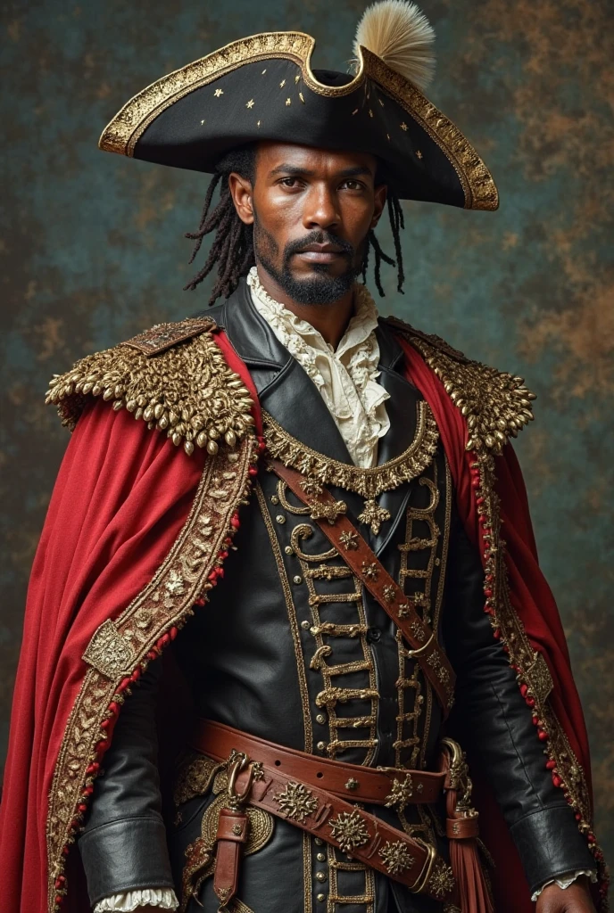 Tattooed male model shaved head pointy mustache, soul pach, blacked out tattoos, tall slim American revolutionery period coat, tricorne heat, on the boat in the harbor witch next to him beudiful black dreadlocks hair(very big size breasts 2.2) very small waist very wide hips in caribian stile dress anf a crew of runaway black slaves, criminals and whores