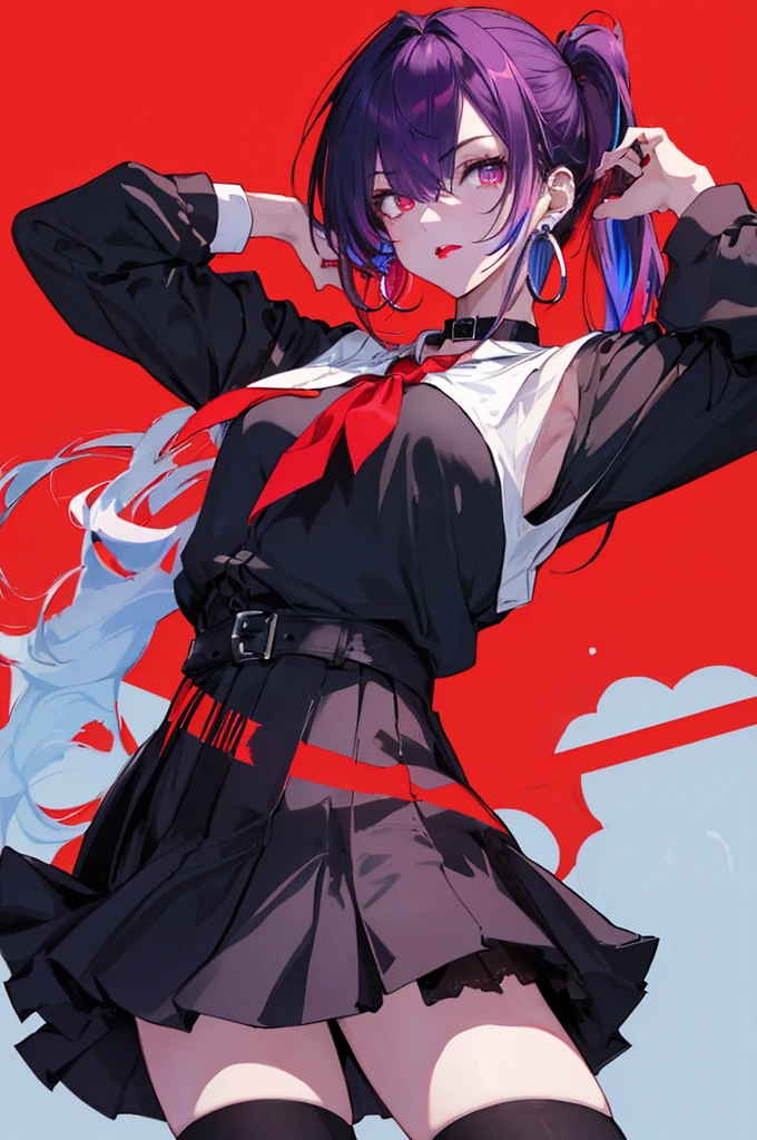 hair above one eye, Purple eyes, Clear Eyes, choker, Neon Shirt, torn legwear, open jacket、Blue pubic hair catches my eye,Bright red background、Red background, graffiti, Shineing grafiti, Shineing tattoos, Shine, Neon Light, Black light,Anime Style, movie portrait photography, 1 female, 22 years ago, Whole Body Ezbian,Big and ample breasts, anger, (Scarlet Hair), Long Hair, Purple eyes, wearing a short black dress, (Natural skin texture vivid details, Surreal, (Realistic eyes, Natural skin texture, Realistic facial details), Soft and dramatic lighting, Written boundary depth, Bokeh, vivid details, Surreal, 35mm movie, Absent-minded, movie,lipstick, ear piercing, eye shadow, Hoop Earrings, red pink lips, multicolored red eyes, Red background,Beautiful Eyes,Bold Pose、Strike a Pose,upper ponytail,drooping bangs,Droopy eyes、((school uniform))、high school girl