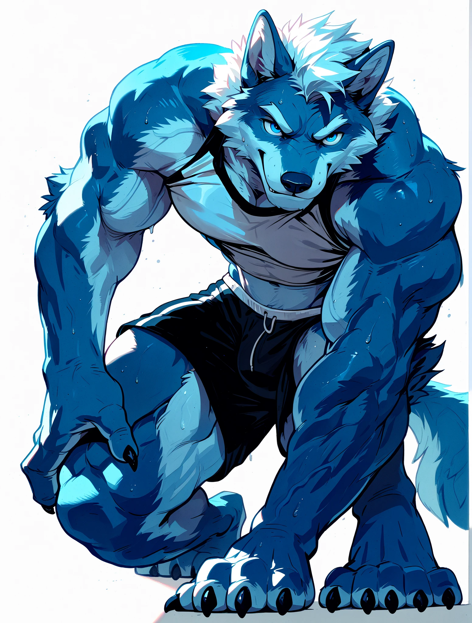 steele, steele (balto), alaskan malamute, ice blue eyes, solo, detailed, detailed face, detailed eyes, anthro body, black lineart, black outline, male, masculine, adult, very muscular body:1.2, muscles, cartoon shading, confident, proud, wolf tail, (wearing wrestling singlet):1.1, (no background, white background):1.5, bare chest, by taran fiddler, by rukis, wrestling stance, sweaty:1.2, stern face, pointing, finger raised