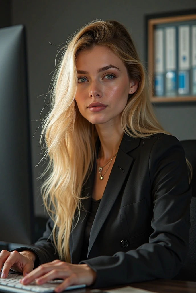 a beautiful men with long blonde hair, detailed eyes, nose, and lips, wearing  professional outfit, siting in her office, using her computer, hp comuter (best quality,4k,8k,highres,masterpiece:1.2),ultra-detailed,(realistic,photorealistic,photo-realistic:1.37),HDR,studio lighting,extremely detailed face and body, portrait,cinematic lighting,dramatic lighting,warm color tones,dramatic colors