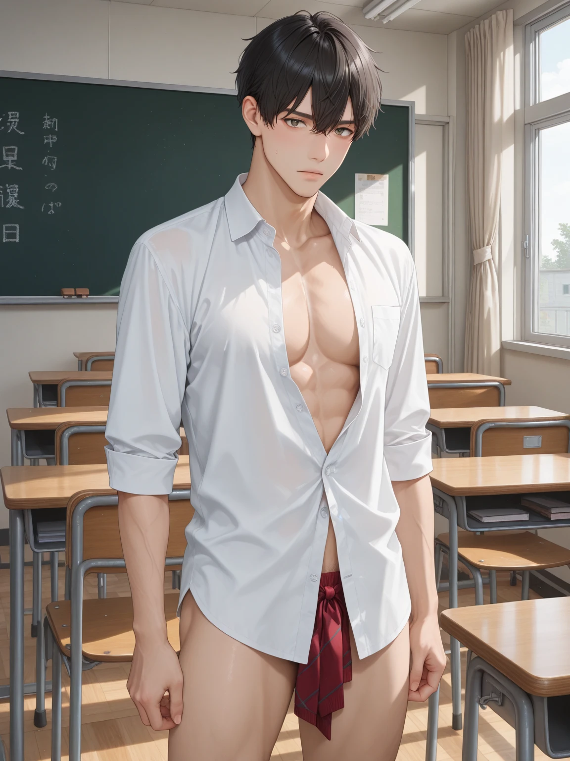 Completely naked、Too big penis、School classroom、Black Hair、One handsome confident man