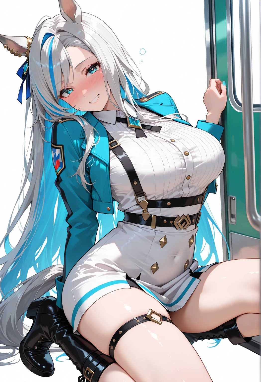 sitting, spread-out legs, view from below, Elaine Auclair, long hair, 1girl, braid, crown braid, jewelry, earrings, gloves, big breasts, jacket, choker, thighhighs, hair between eyes, cleavage, shorts, thigh boots, night time, shadow, green beret, green hat, aroused facial expression, blush, sweat