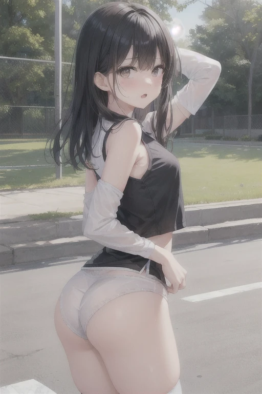 Highest quality,masterpiece,8K,1girl,((loli,big breasts,little girl:1.3)),((orgasm,blush:1.3)),angry, sweat,mini skirt,lift skirt,upskirt,mizuki yukikaze,hair ribbon, white tank top, black skirt, mini skirt, black thighhighs,pink panties,striped panties,((walking1.3)),forest,forest林,from behind
