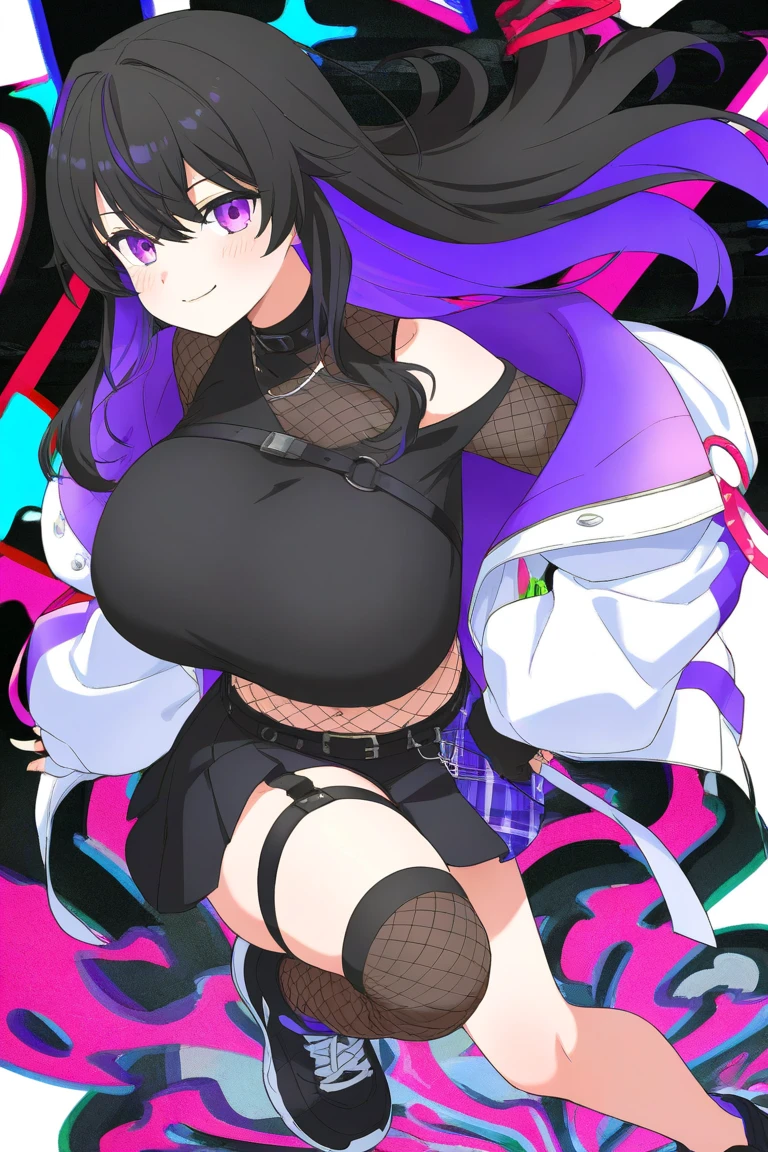 ((high detail, best quality, 4K, masterpiece, HD:1.3)), ((best quality)), (((HD))), (((8k))), (超DH), (ultra HD) A girl with purple eyes minecraft Enderman black top big breasts breast expansion forest