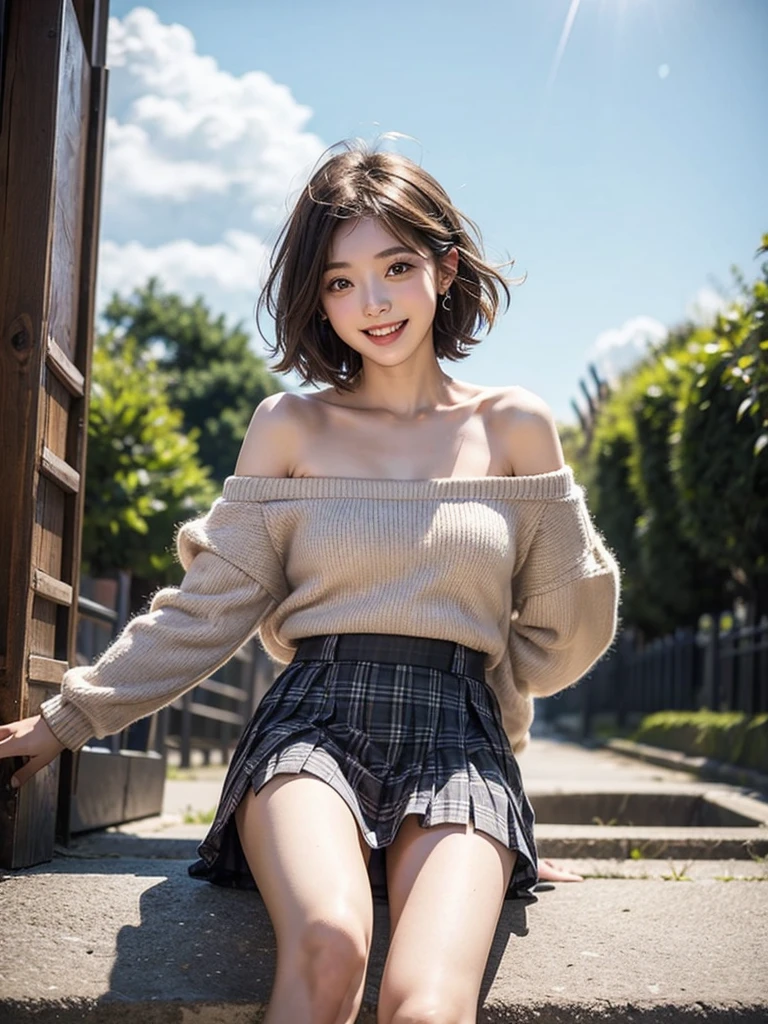 (reality: 1.4),highest quality, masterpiece, high detail, 16K quality, beautiful, 1 beautiful girl,japanese,super beautiful face,baby face,japanese idol face,cute face,super detailed face,detailed hand,beautiful skin,oily skin,big eyes,profeccional lighting,medium hair,black hair,brown beautiful eyes, sitting whith knee up,arms behind back,big smile,legs spread,spread pussy,(skirt lift),big breasts,(topless),(checked skirt),(spread pussy),detailed pussy,black high socks,she is looking at the camera,Skyscraper rooftop,blue sky, nsfw,from below,