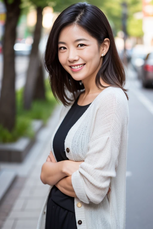 (((One girl,alone))),(Highly realistic photos, High resolution, Detailed face, Beautiful Eyes) Japanese women, 21 years old, Cute face, alone:1, Nice body, Plump figure, Medium chest, ,Hairstyle, Very closely tied, Take a photo book,Dark Sky、darkness、Blade Runner,shirt、Healthy Body,smile