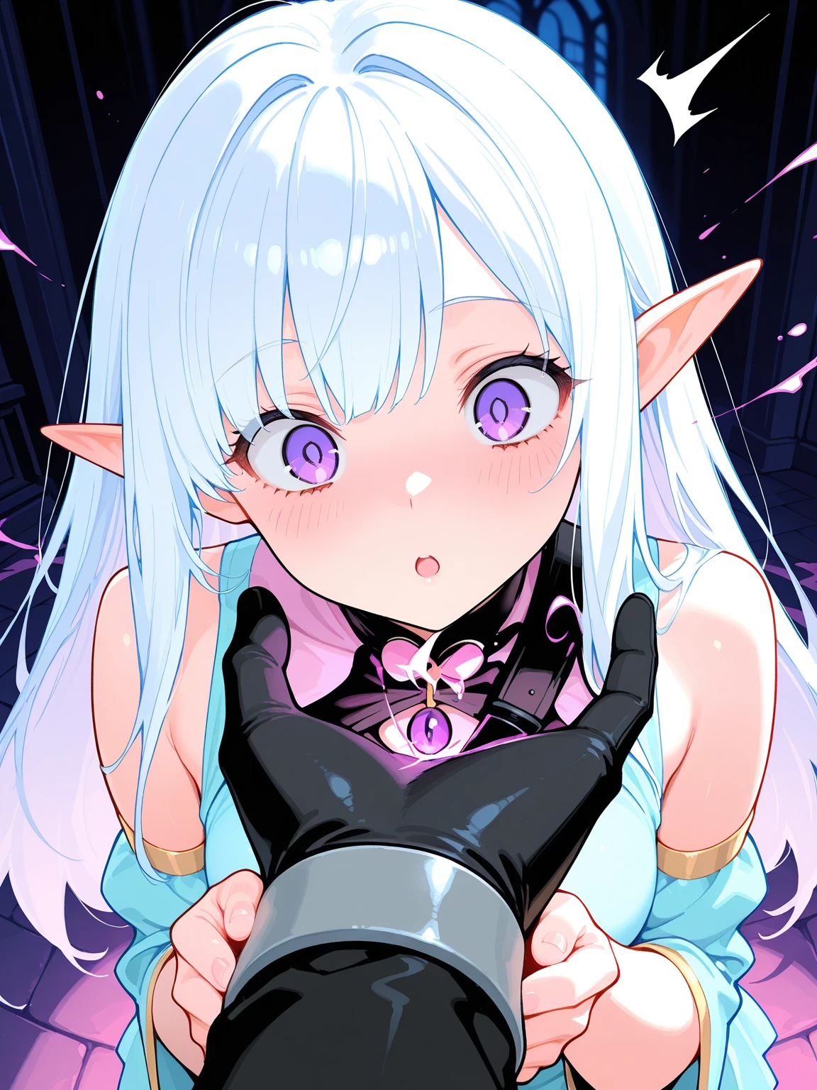1990s style, dark fantasy anime illustration of a (mature MILF BIMBO Dark Elf with grey skin and short white hair), (UPPER BODY) perfect face, wearing tight leather stealth armor, stalking her victim at DAYLIGHT, ambient light, dark and moody, retro style, BIG KNOCKERS CLEAVAGE, lustful smirking smile red blush red cheeks, chain leash, kneeling, shackles, leather black collar slave, ((BLACK background)) hands on glass breasts on glass ass on glass window fog water drop, 5 fingers each hand, metal handcuffs, black choker collar, thighhighs, long legs, metal ankle, metal sandals, metal shoulders, standing straight symmetrical against glass
